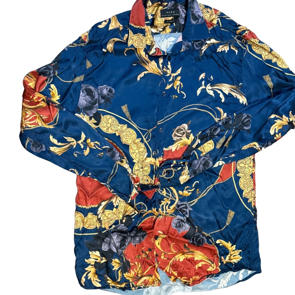 Zara Baroque Print Button‎ Up Shirt Small Grandma Core Coastal Scarf Style
